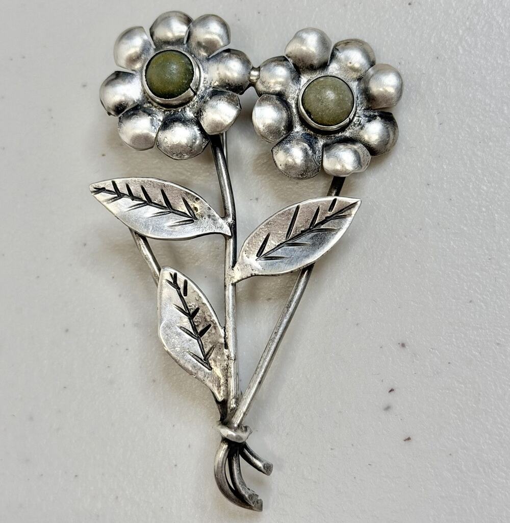 Vintage Mexico Sterling Green Turquoise 2 Flowers Brooch 16g 3in